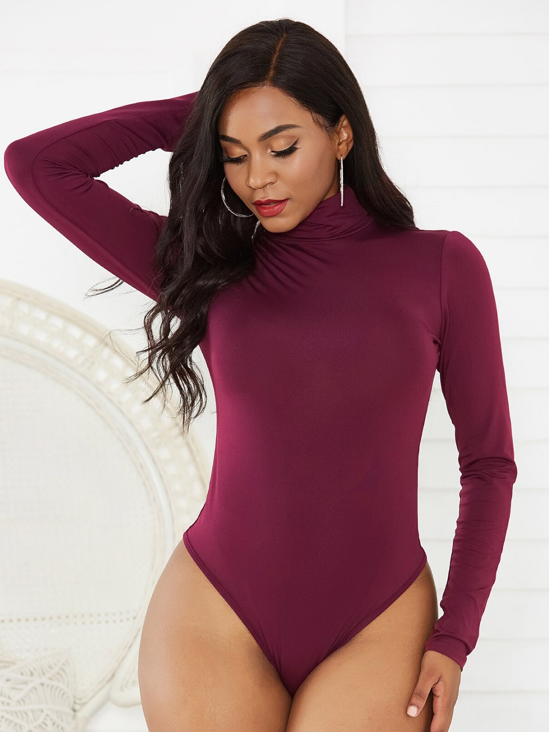 

BoStreet Women Burgundy Solid High Neck Fitted Top