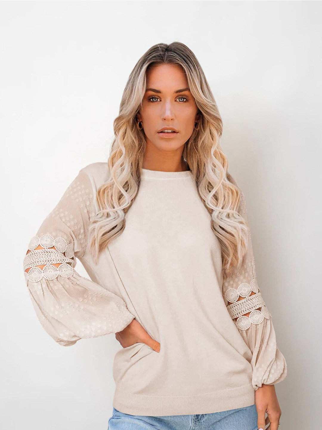

StyleCast Women Beige Bishop Sleeves Top