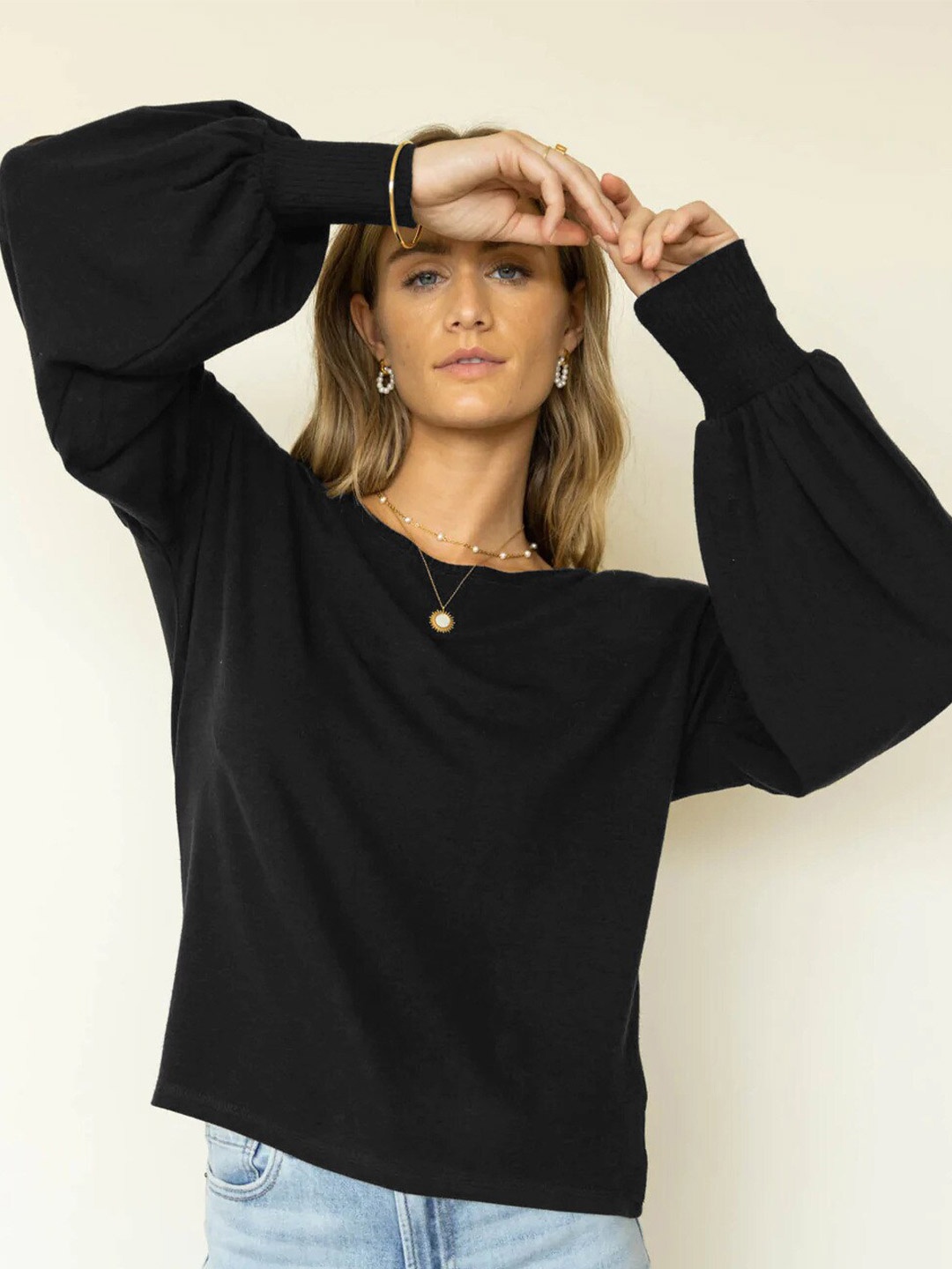 

BoStreet Women Black Solid Cuffed Sleeves Regular Top