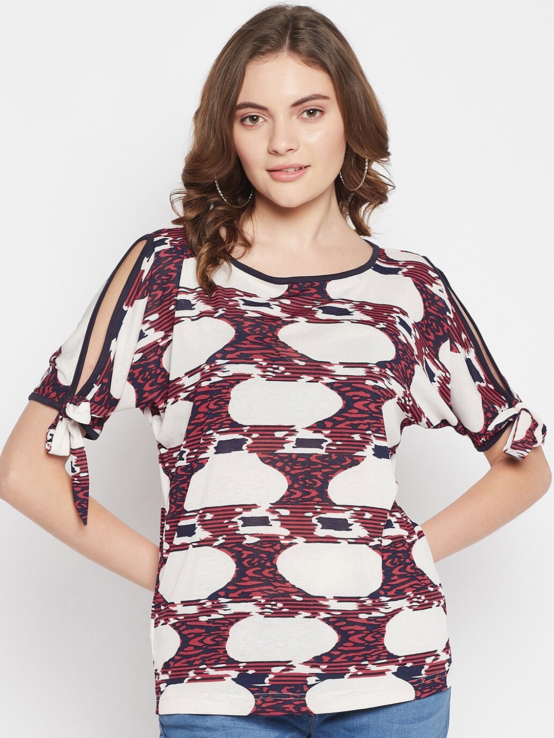 

Crozo By Cantabil Women Maroon & White Abstract Printed Top