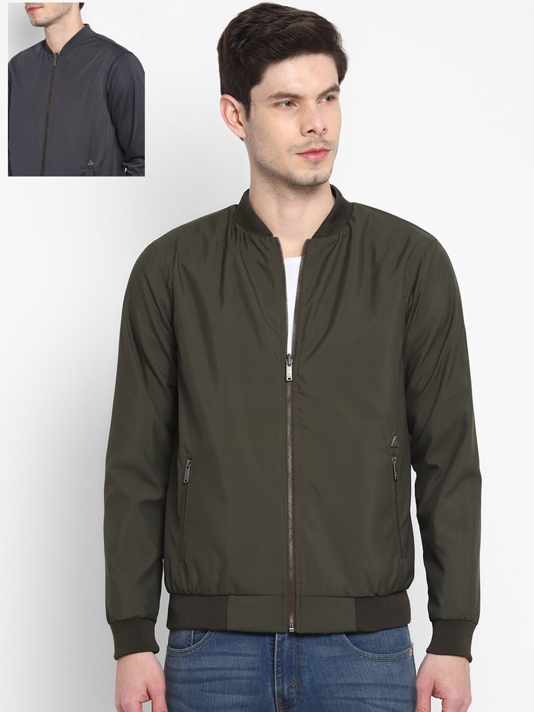 

Turtle Men Olive Green Navy Blue Cotton Reversible Bomber Jacket