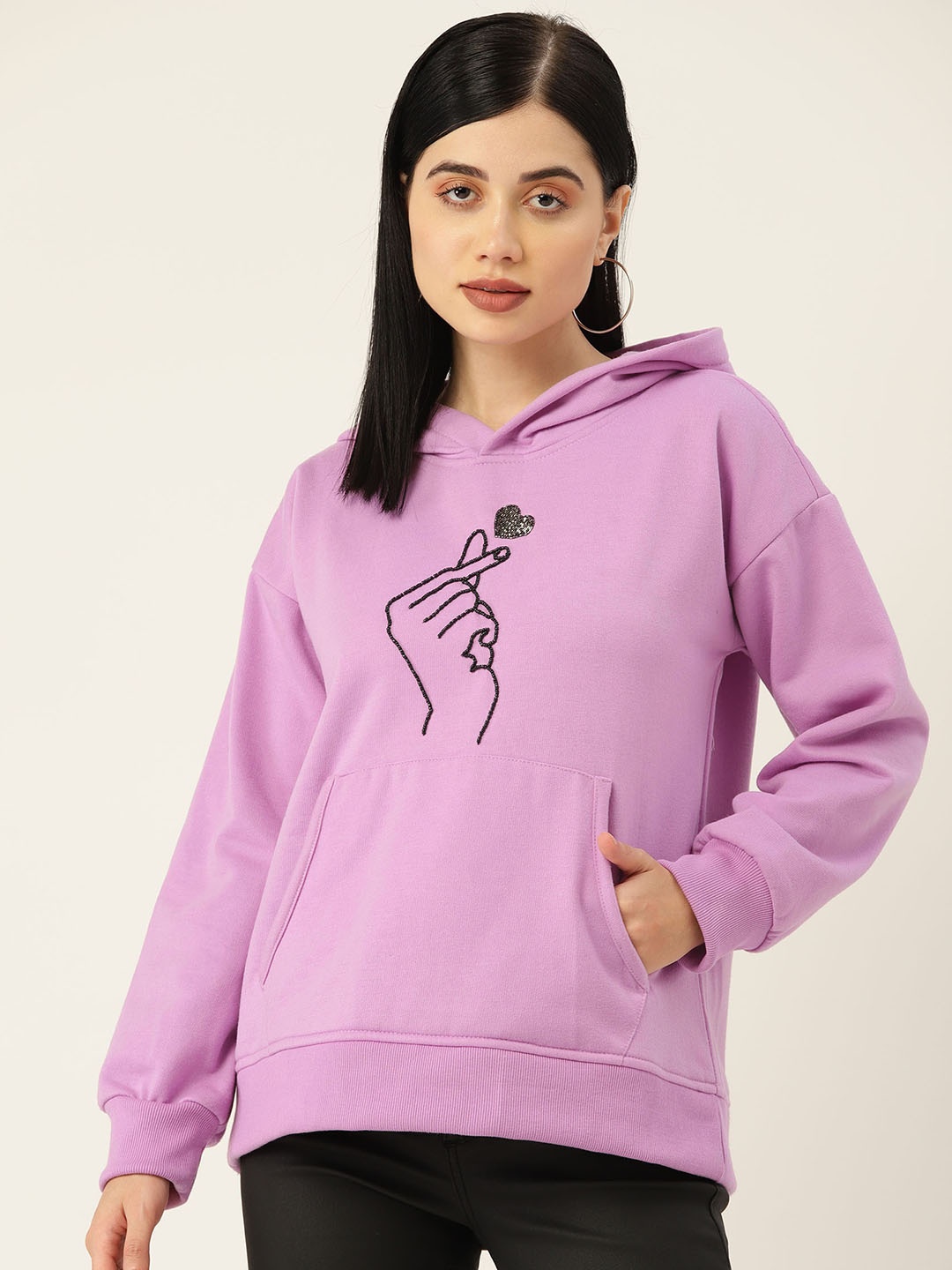 

Antheaa Women Purple Printed Hooded Sweatshirt