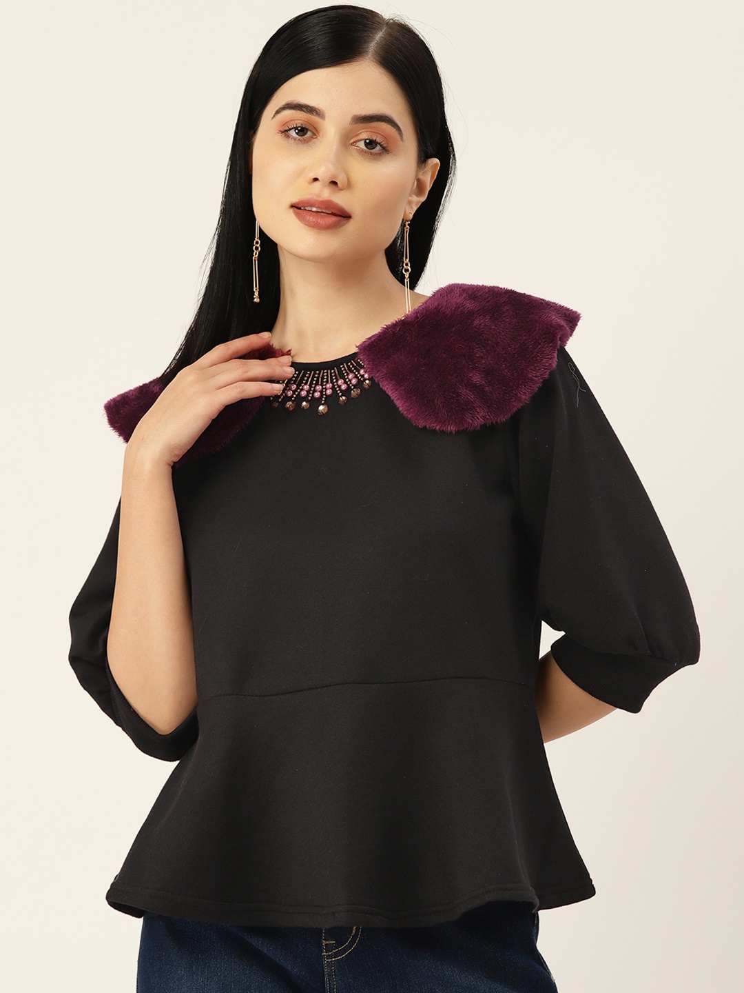 

Antheaa Women Black Embellished Sweatshirt