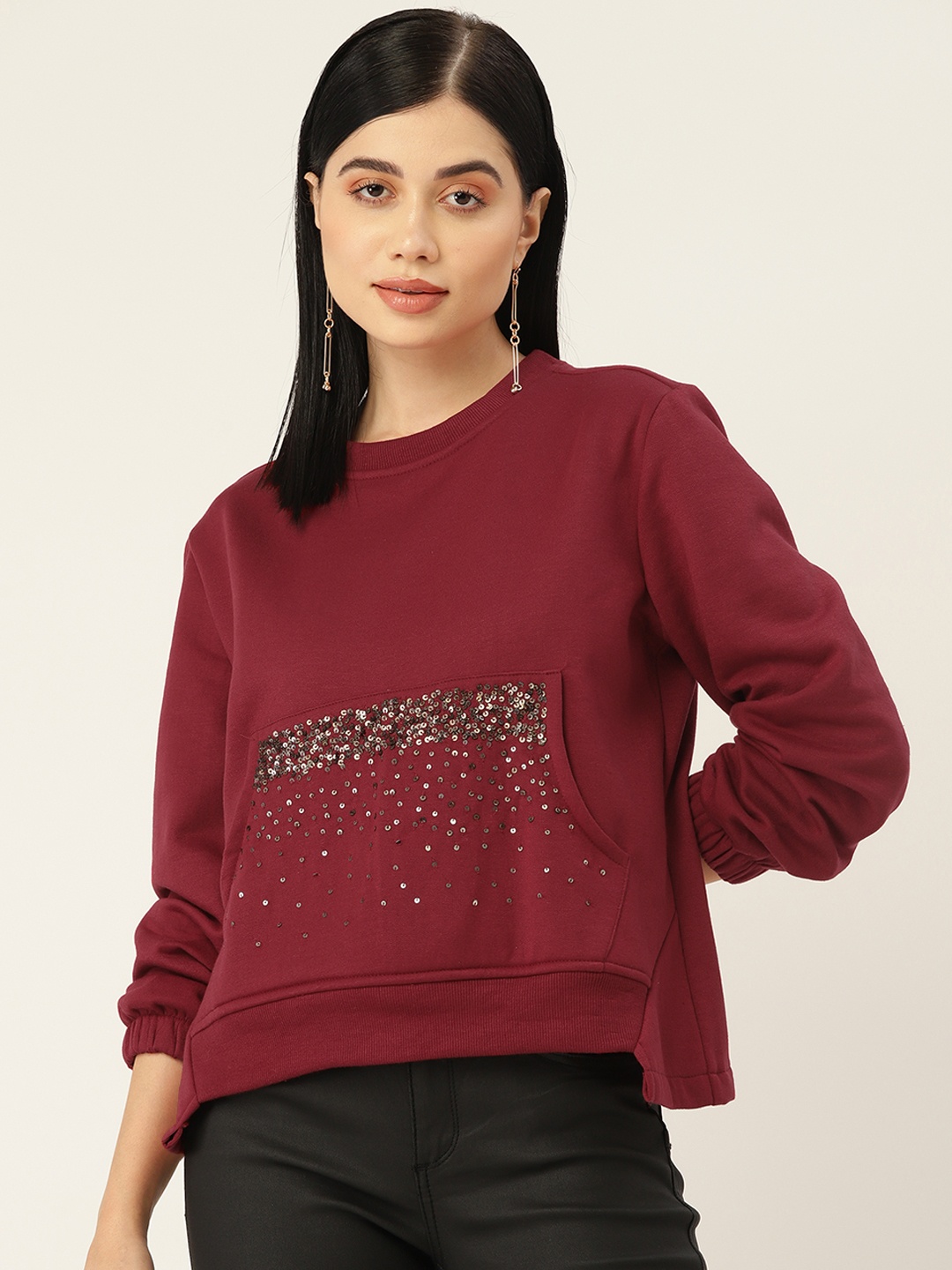 

Antheaa Women Maroon Printed Sequined Sweatshirt