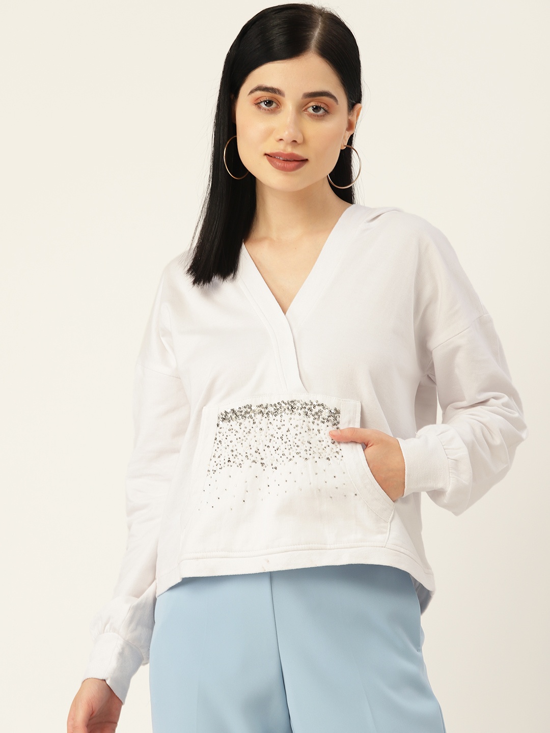 

Antheaa Women White Printed Hooded Sweatshirt