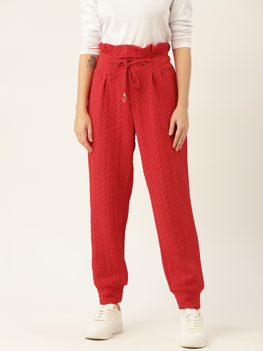 

Antheaa Women Red Loose Fit High-Rise Joggers Trousers