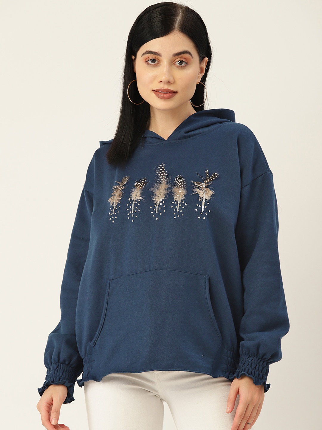 

Antheaa Women Navy Blue Sequined Hooded Sweatshirt