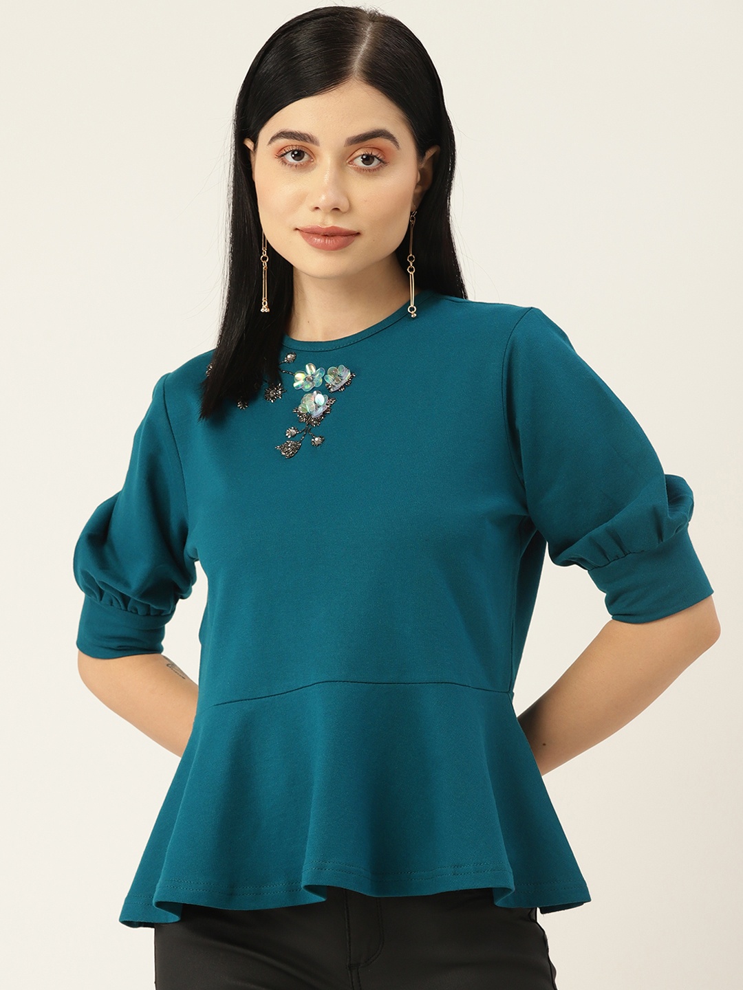 

Antheaa Women Teal Embellished Sweatshirt