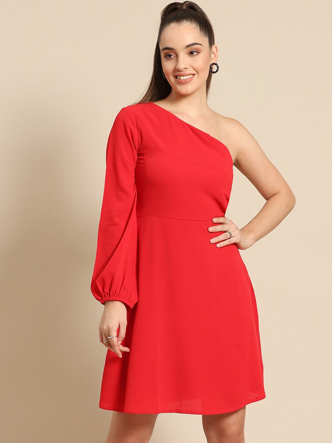 

DODO & MOA Women Red Solid One Shoulder A-Line Dress