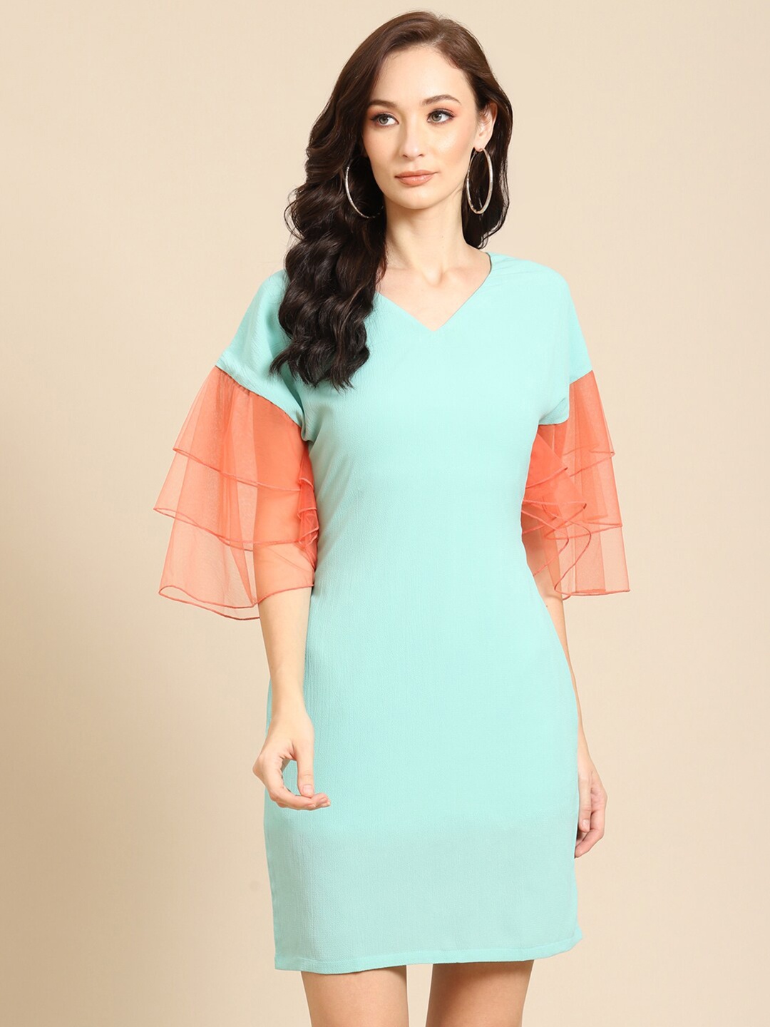 

DODO & MOA Women Sea Green & Peach Solid V-Neck A-Line Dress