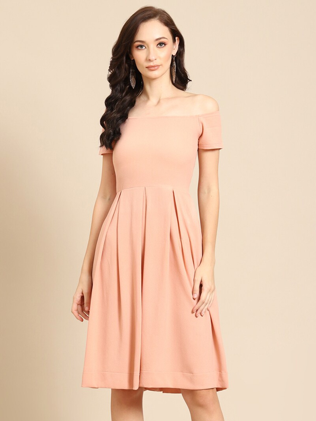 

DODO & MOA Women Peach Solid Off-Shoulder Fit and Flare Dress