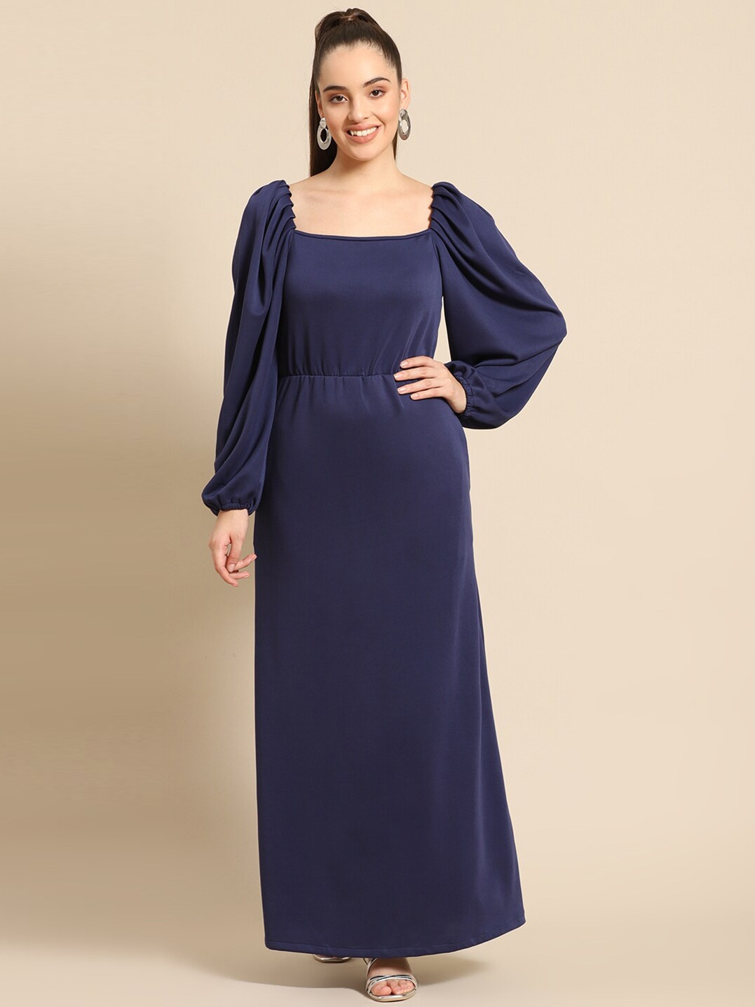 

DODO & MOA Women Navy Blue Solid Square Neck Maxi Dress