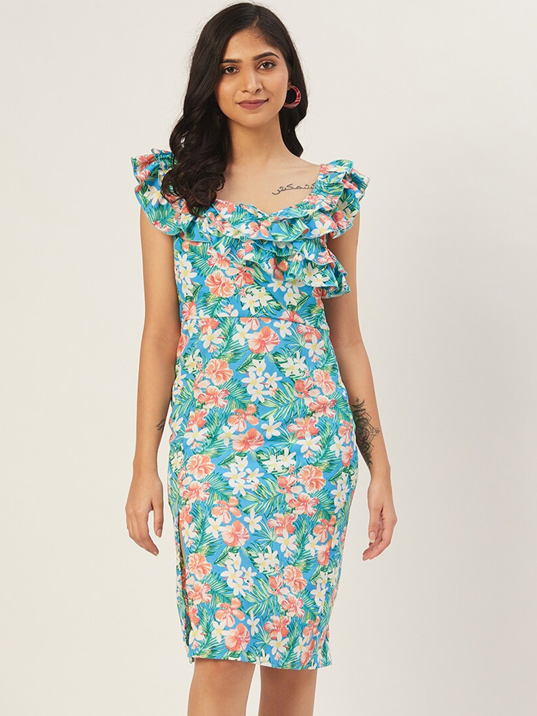 

DODO & MOA Women Blue & White Floral Printed Sheath Dress