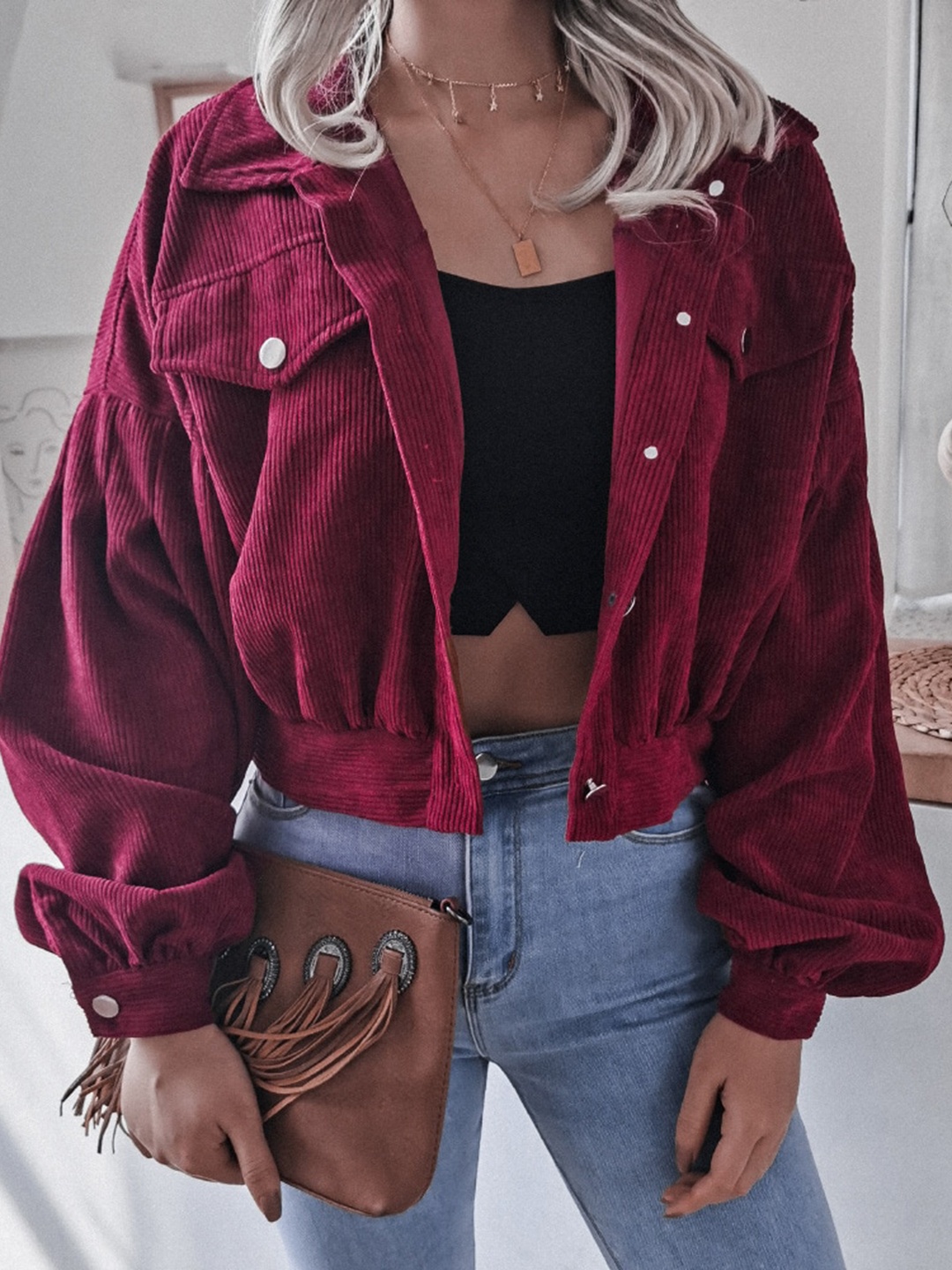 

BoStreet Women Maroon Crop Open Front Jacket