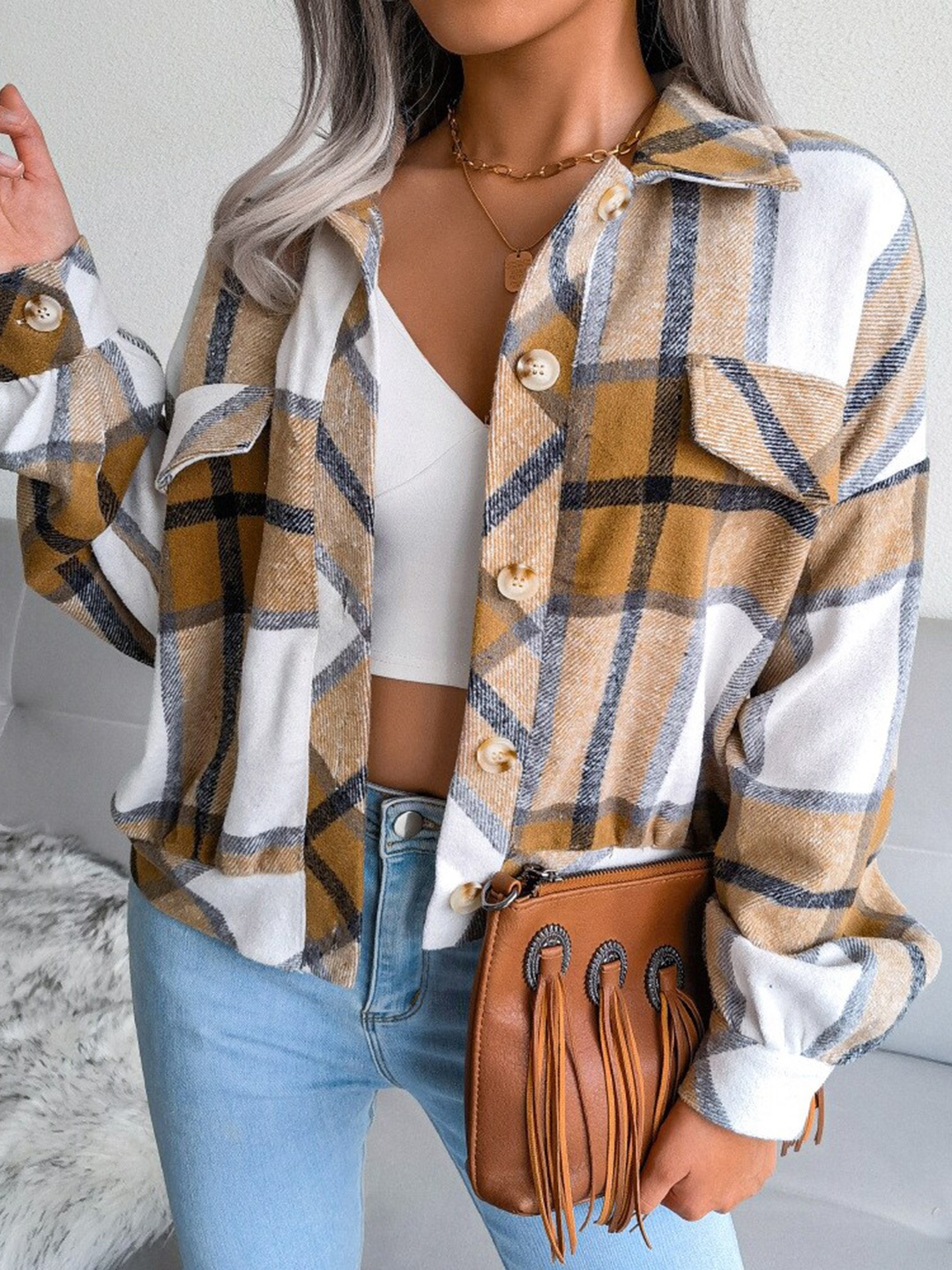 

BoStreet Women Khaki White Checked Crop Denim Jacket