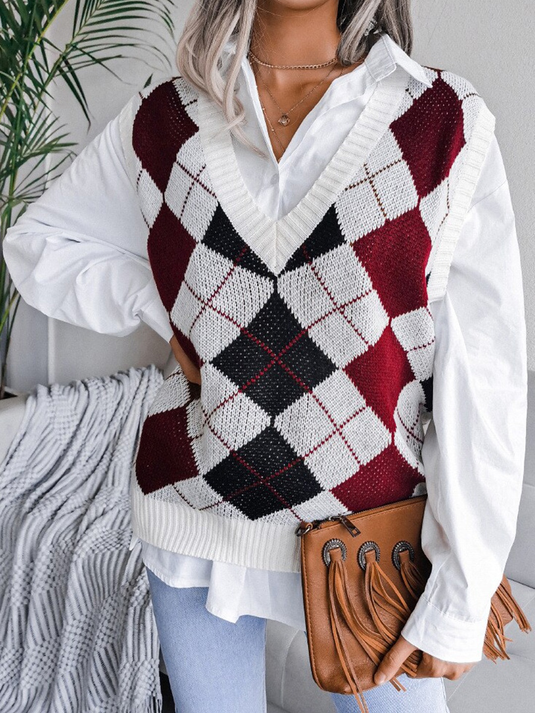 

BoStreet Women Red & White Checked Sweater Vest