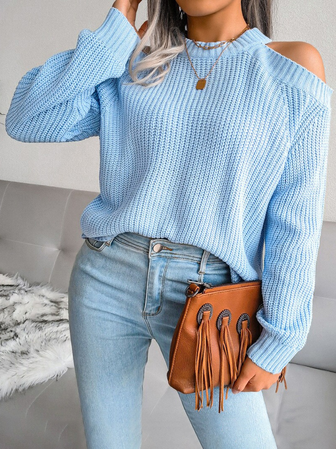 

BoStreet Women Blue Cold Shoulder Sleeve Pullover