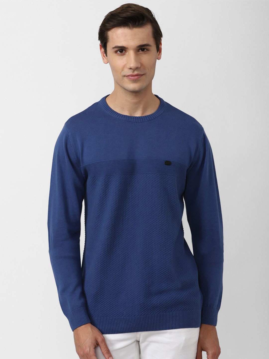 

Peter England Casuals Men Blue Ribbed Cotton Pullover Sweater
