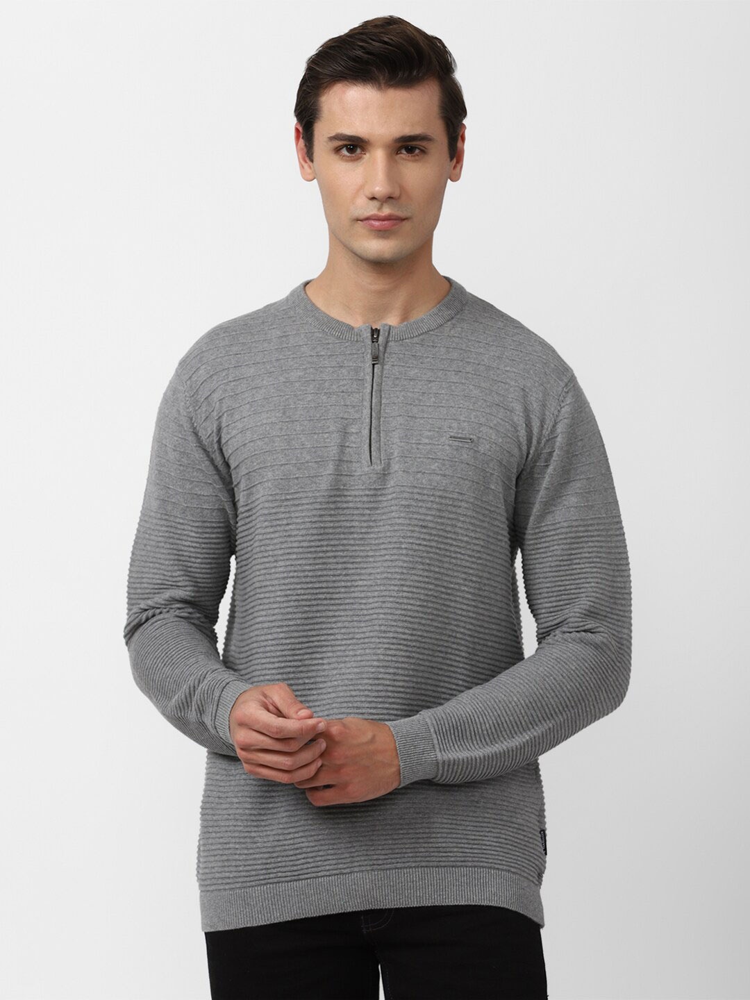 

V Dot Men Grey Striped Pure Cotton Pullover