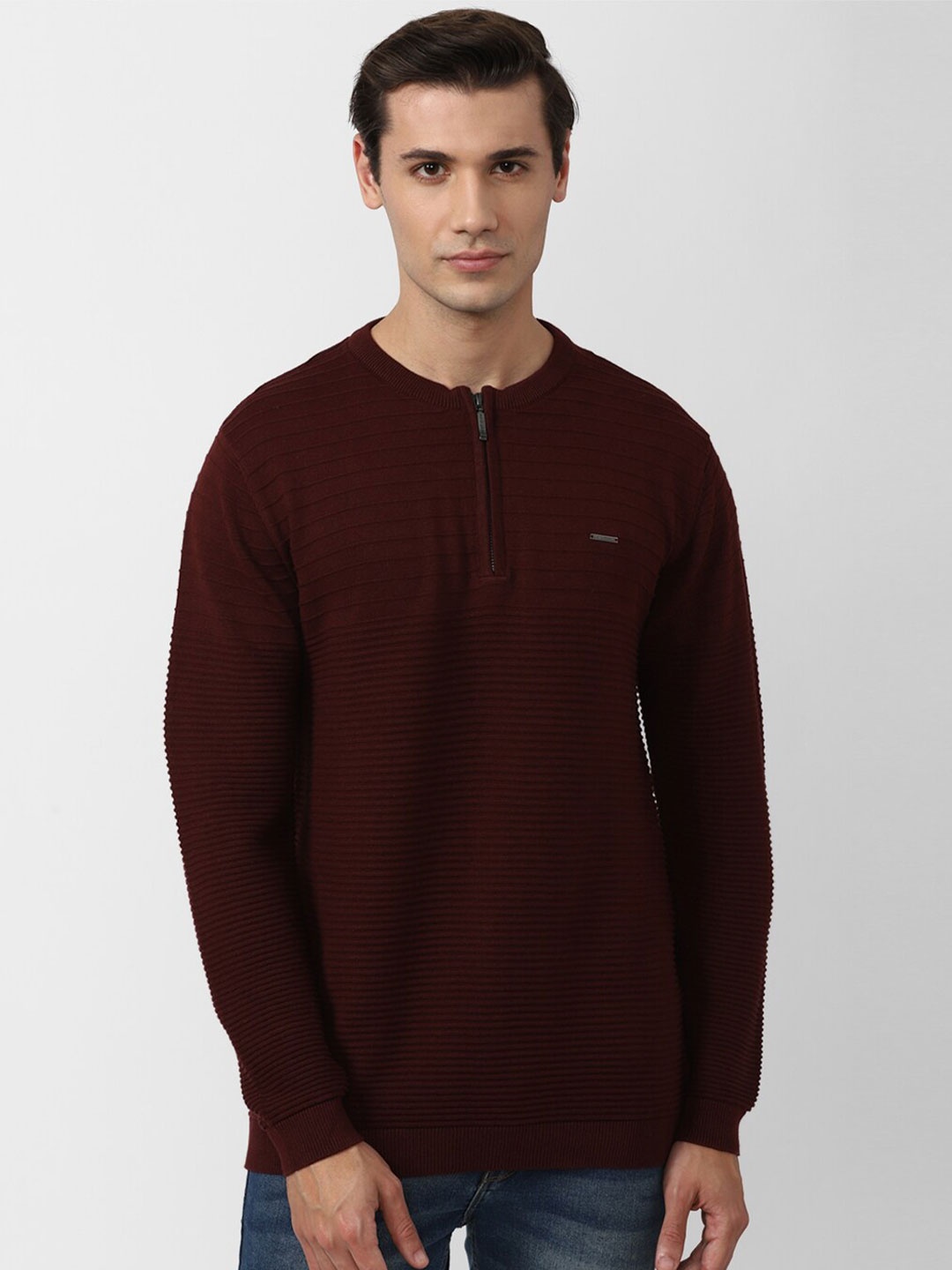 

V Dot Men Maroon Striped Pure Cotton Pullover