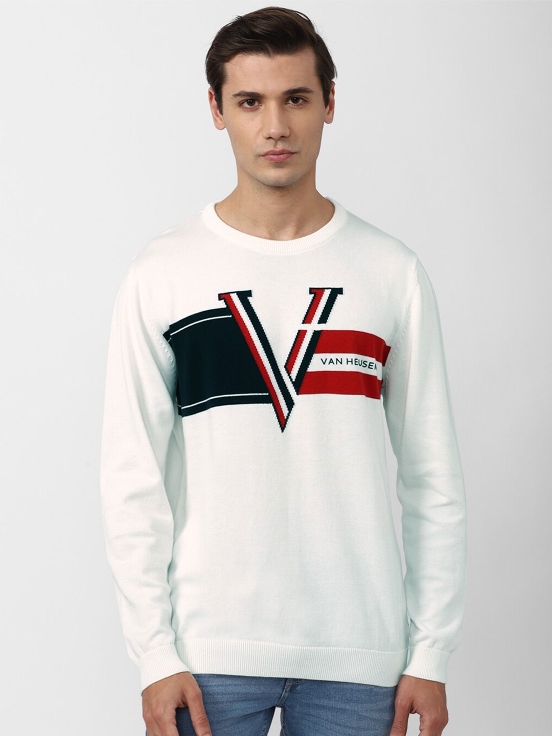 Van Heusen Sport Men White & Black Typography Printed Cotton Pullover