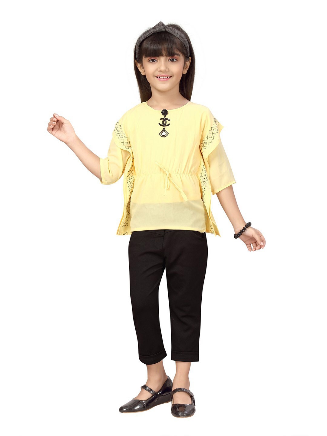 

POPLINS Girls Yellow & Black Embellished Pure Cotton Top with Trousers