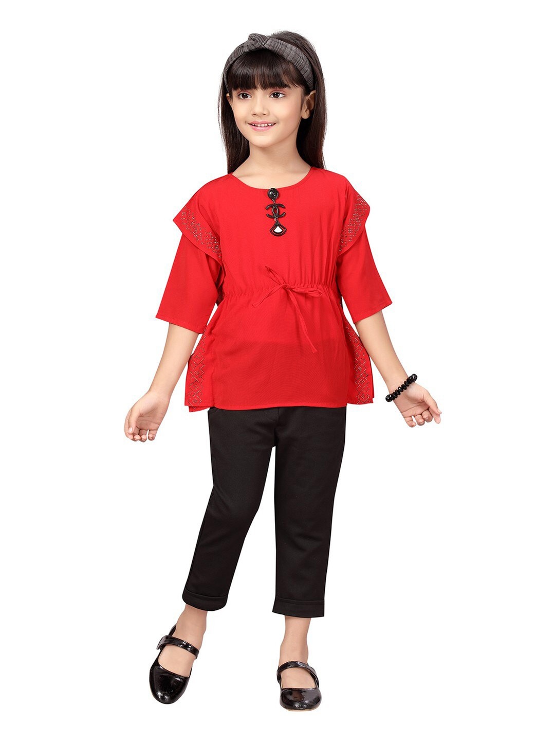 

POPLINS Girls Red & Black Embellished Pure Cotton Top with Capris
