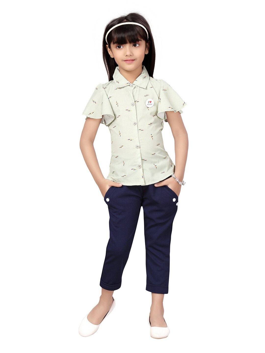 

POPLINS Girls Green Printed Pure Cotton Top with Capris