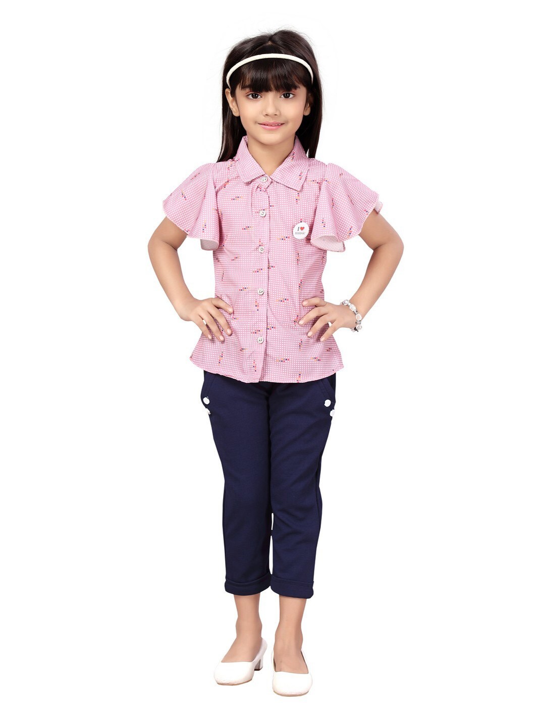 

POPLINS Girls Pink & Navy Blue Printed Pure Cotton Top with Capris