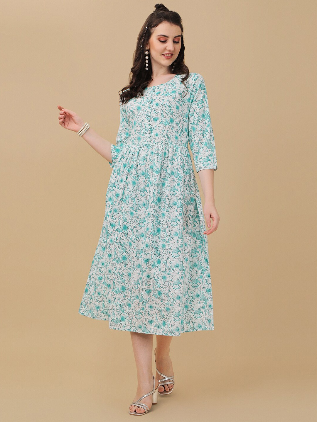 

Sangria Women Floral Printed Pure Cotton A-Line Dress, Sea green