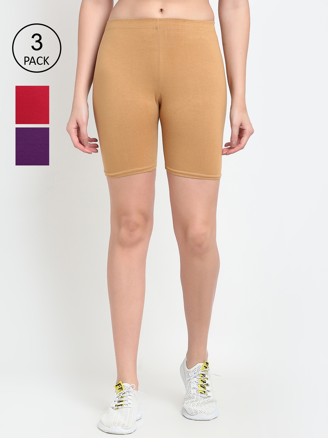 GRACIT Women Pack of 3 Sports Shorts, Beige