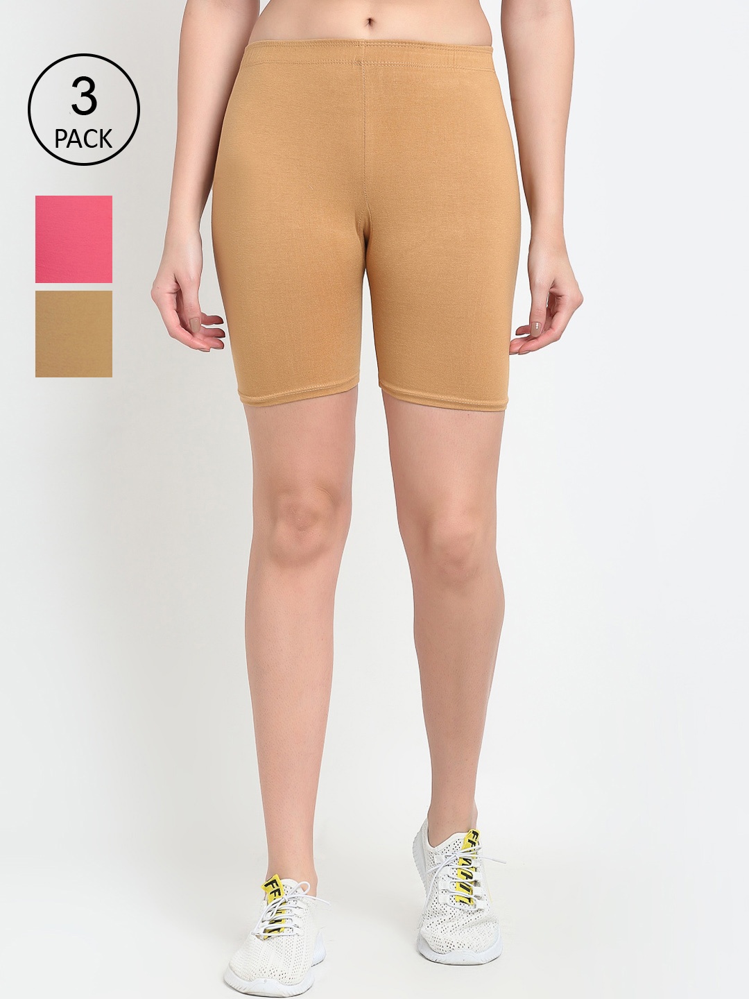 

GRACIT Women Pack of 3 Sports Shorts, Beige