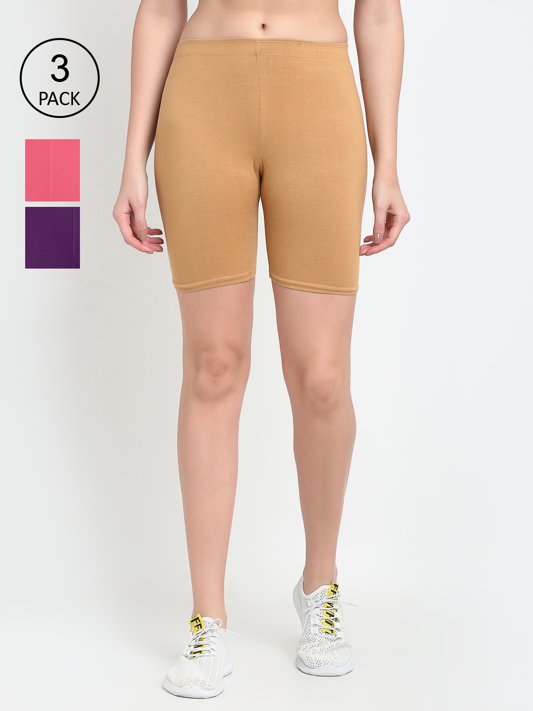 

GRACIT Women Pack of 3 Sports Shorts, Beige