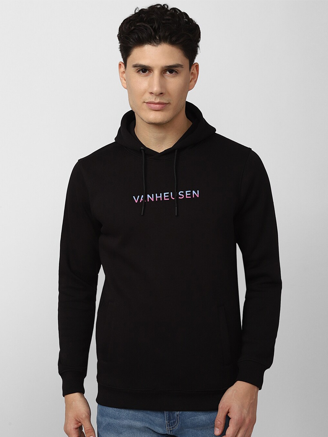 

V Dot Men Black Printed Hooded Sweatshirt