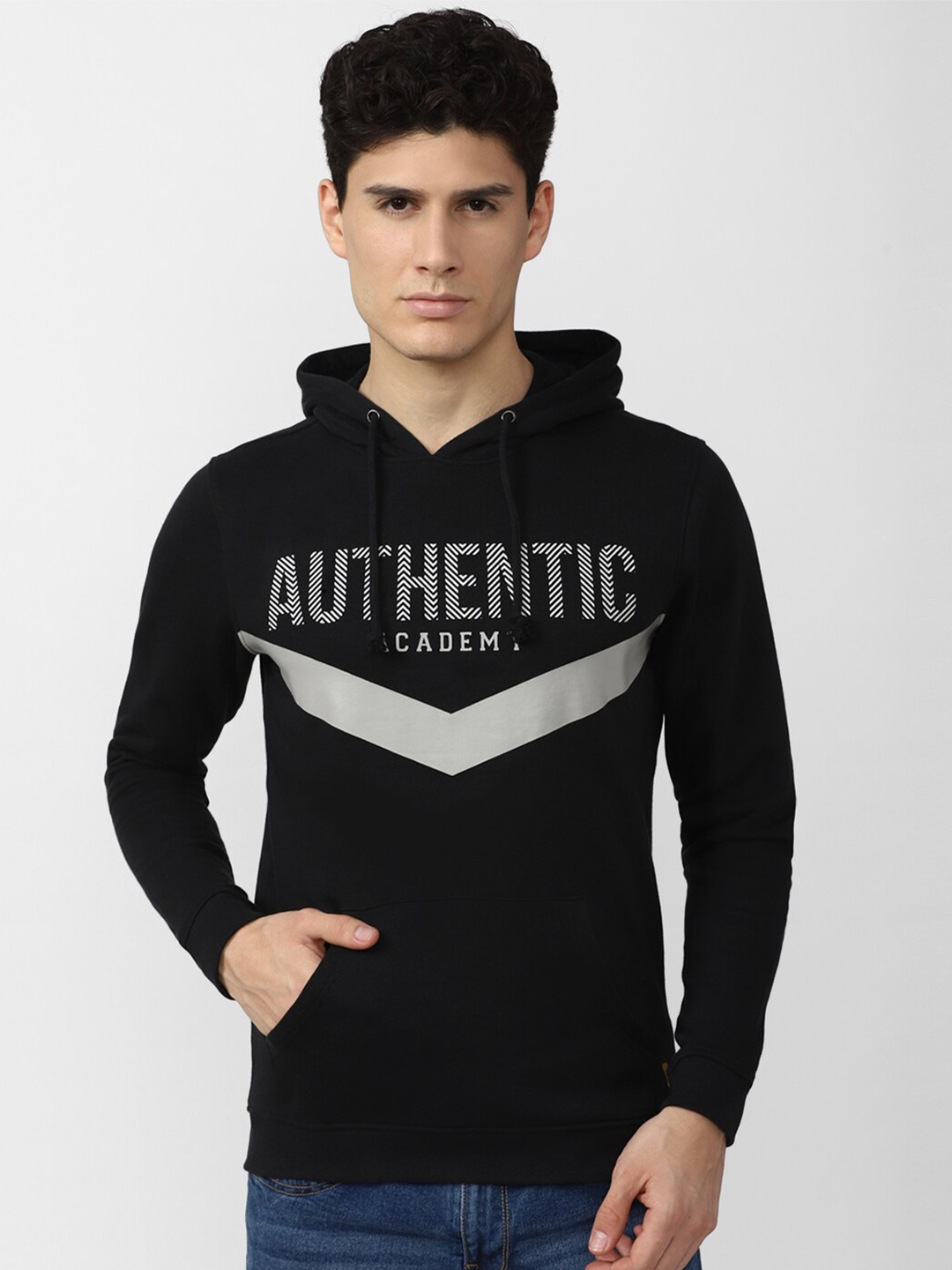 

Van Heusen ACADEMY Men Black & Grey Printed Cotton Hooded Sweatshirt