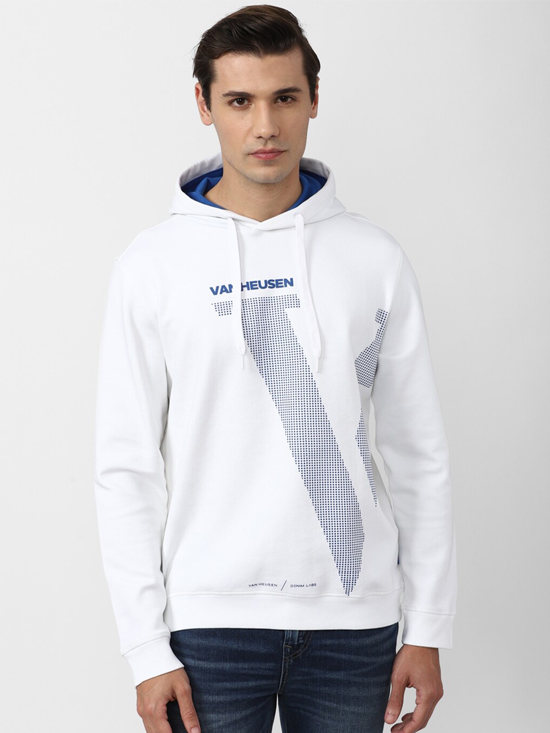 

VAN HEUSEN DENIM LABS Men White Printed Hooded Cotton Sweatshirt