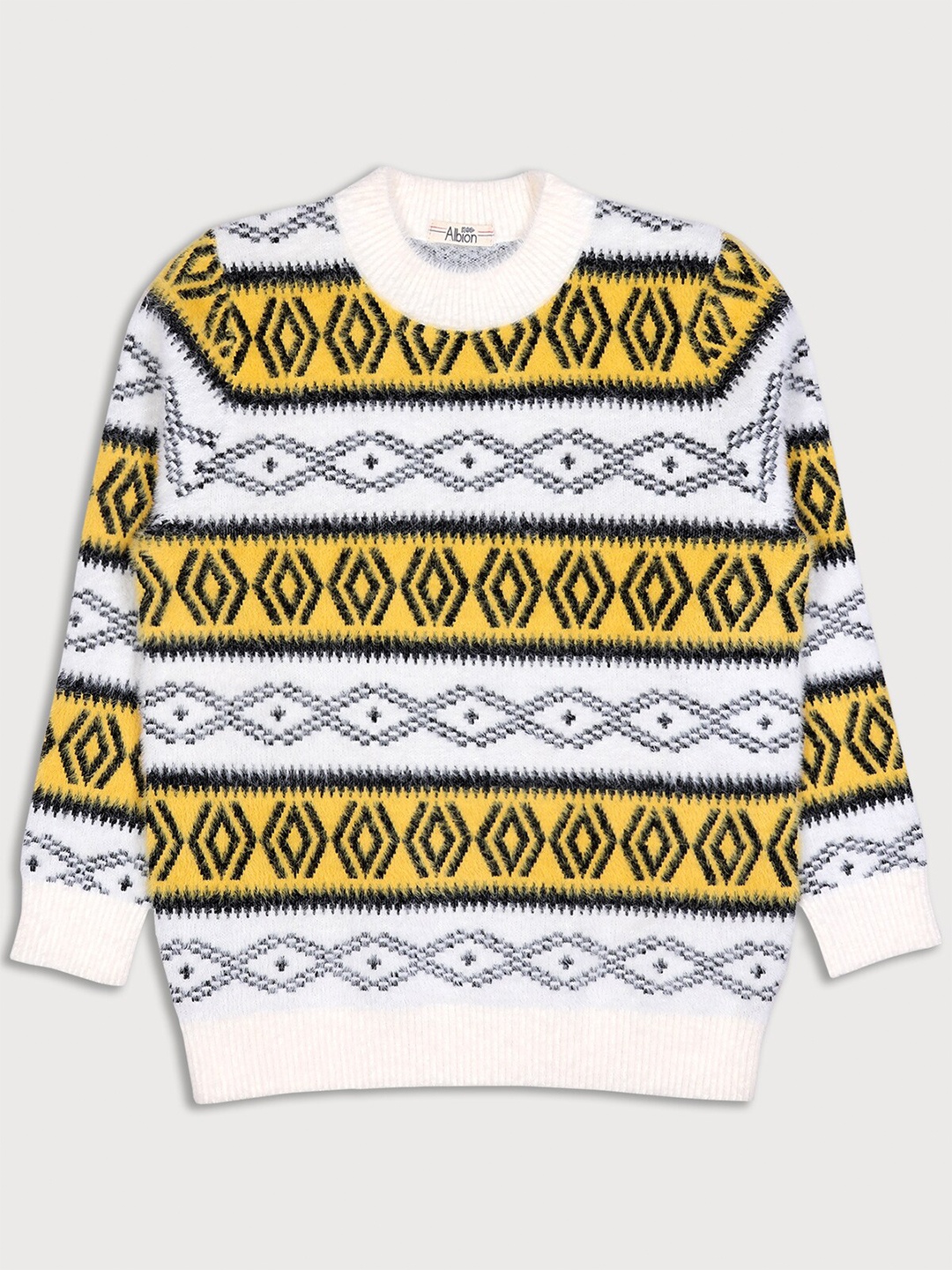 

Albion Boys Yellow & White Printed Wool Pullover With Fuzzy Detail