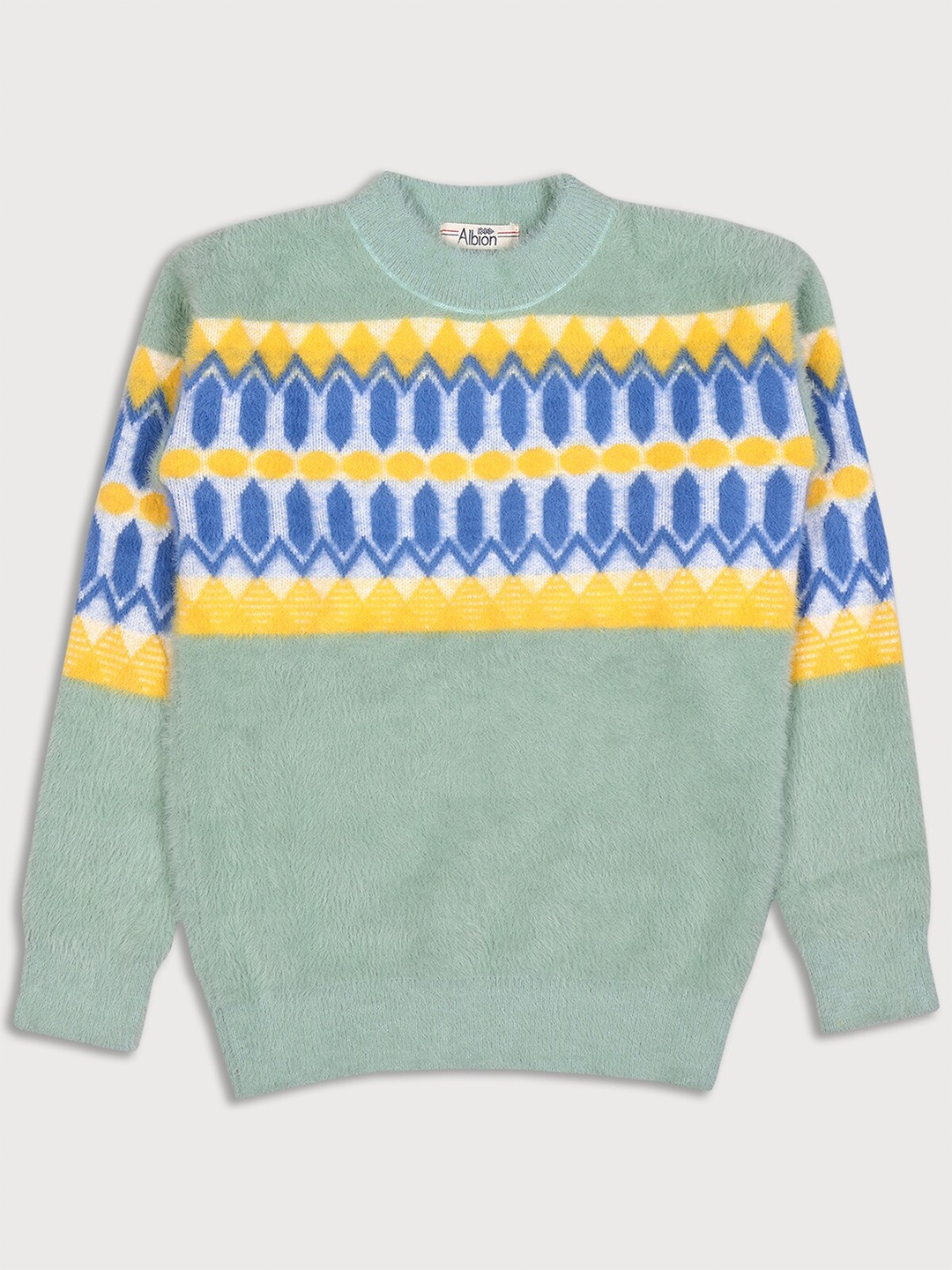 

Albion Boys Green & Blue Printed Wool Pullover With Fuzzy Detail