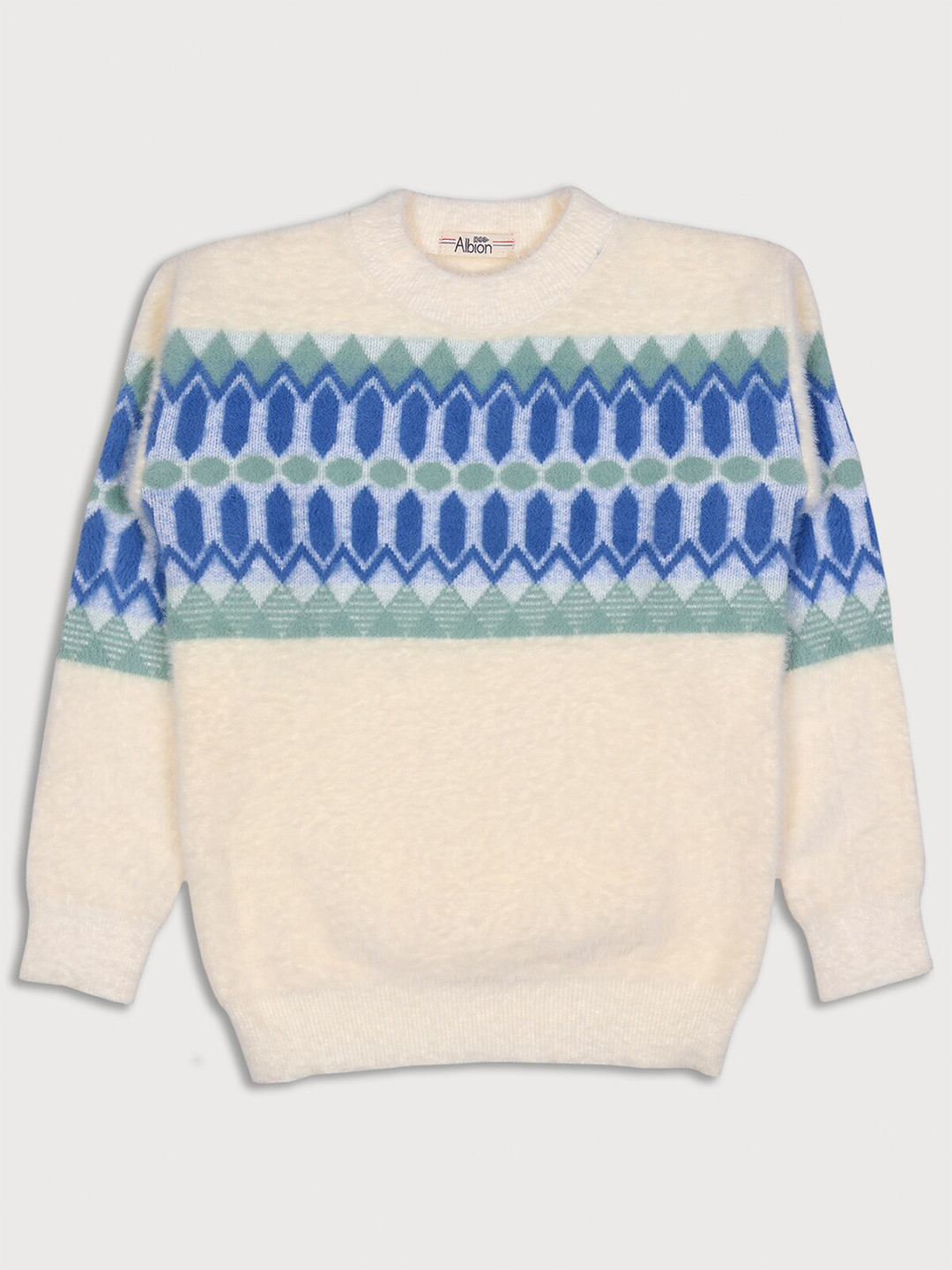 

Albion Boys Off White Printed Wool Pullover With Fuzzy Detail