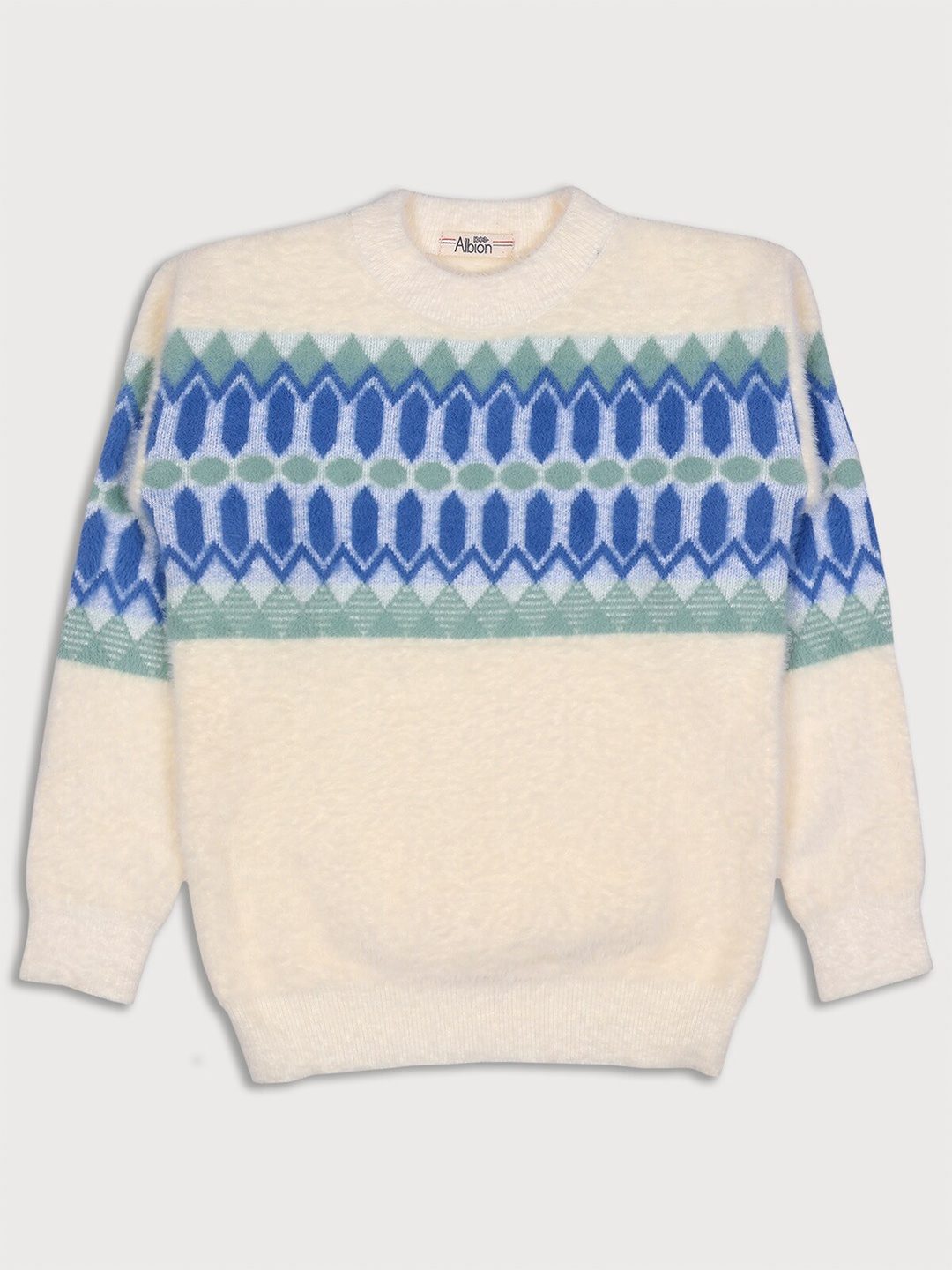 

Albion Boys Off White & Blue Printed Wool Pullover With Fuzzy Detail