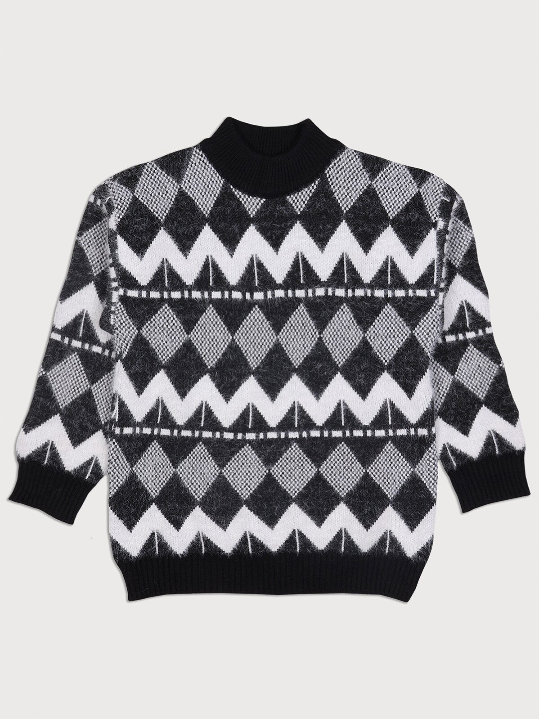 

Albion Boys Black & White Printed Wool Pullover With Fuzzy Detail