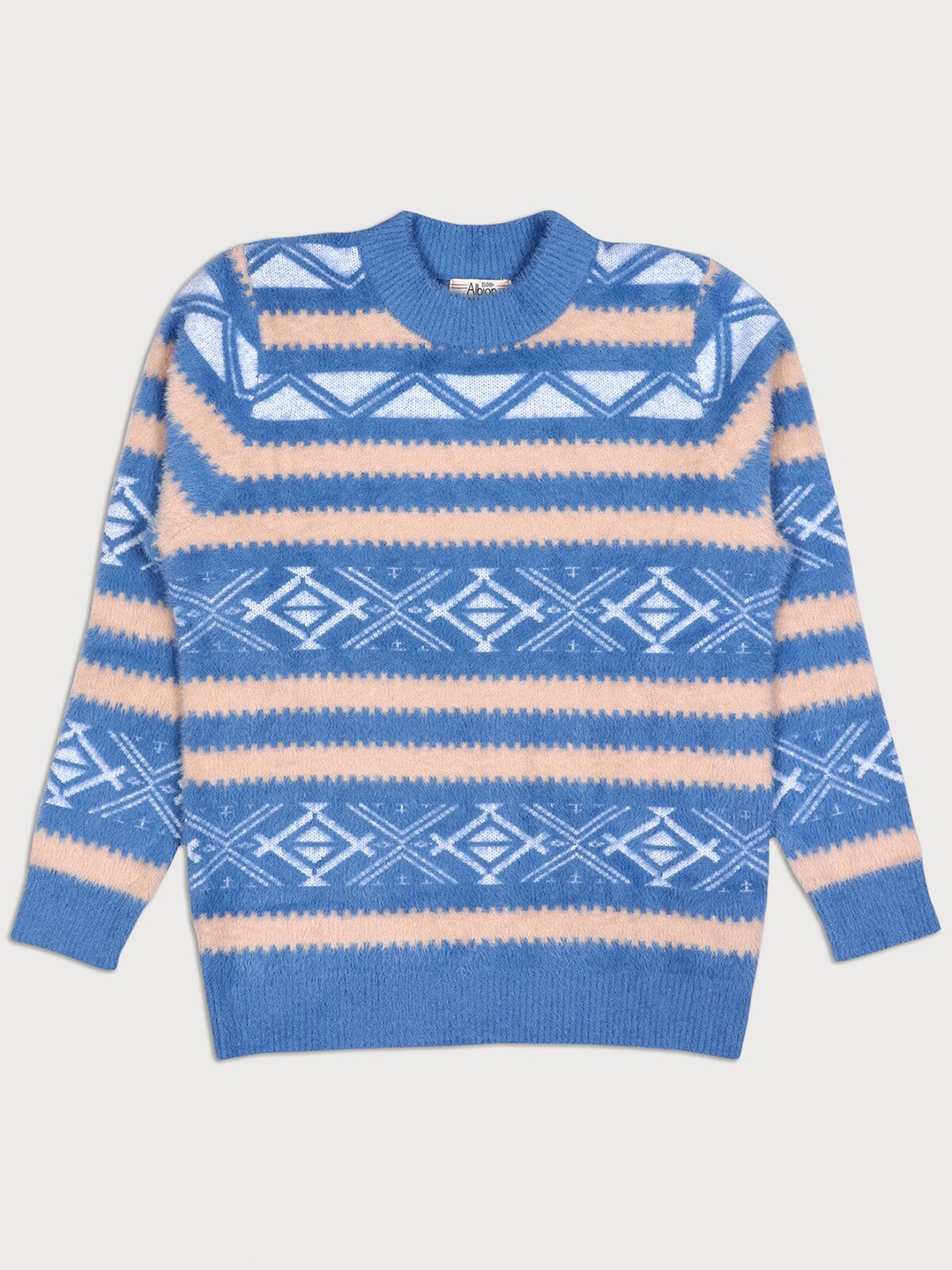 

Albion Boys Blue Printed Wool Pullover With Fuzzy Detail