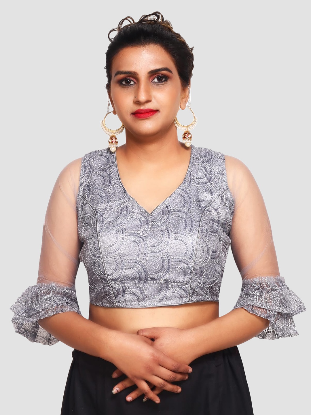 

Trendzmy Women Grey Self Design Ready Made Saree Blouse