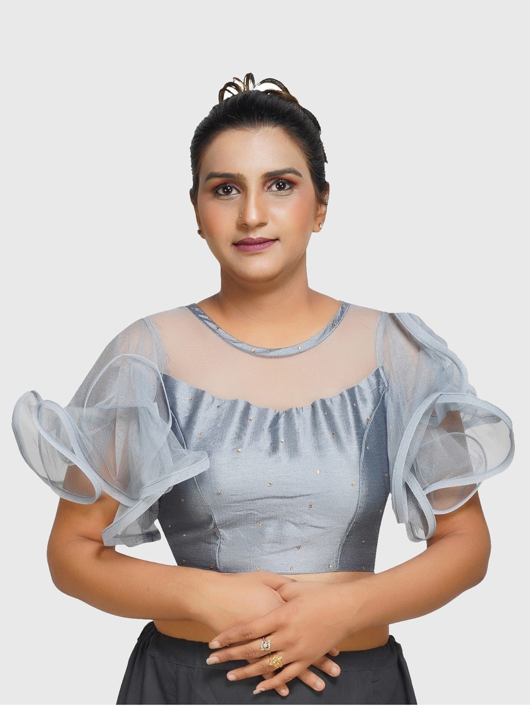 

Trendzmy Grey Embroidered Silk Readymade Saree Blouse