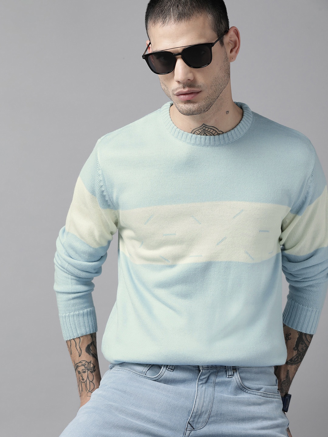 

Roadster Men Blue & Off White Colourblocked Pullover
