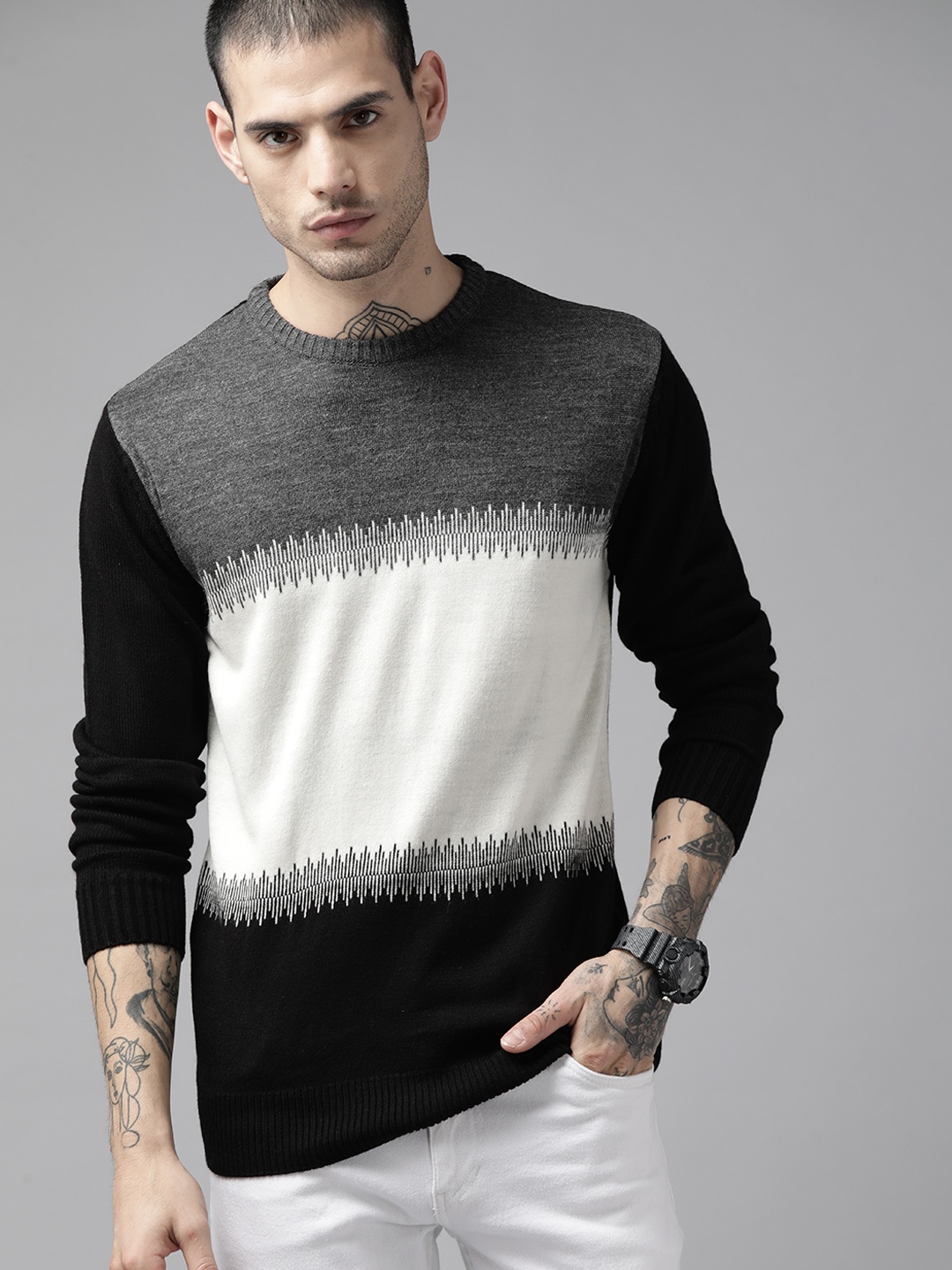 

Roadster Men Charcoal & Black Colourblocked Pullover