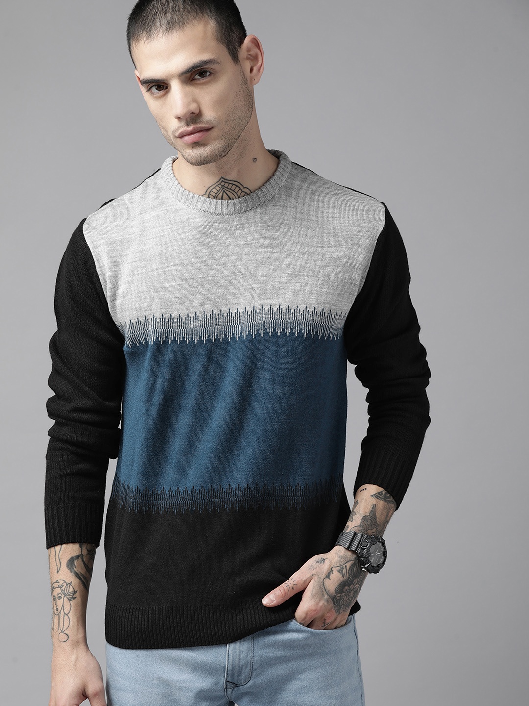 

Roadster Men Black & Grey Acrylic Colourblocked Pullover
