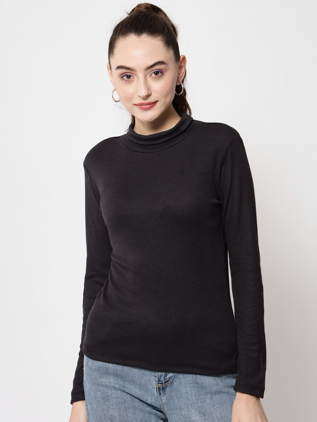 

Kushi Flyer Black Solid High Neck Top