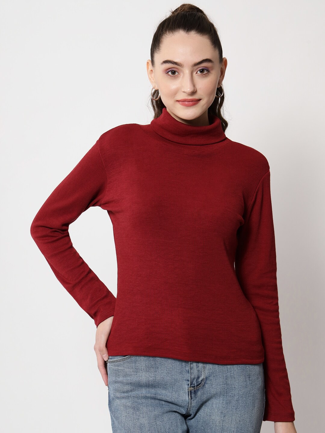 

Kushi Flyer Maroon High Neck Solid Sleeves Top
