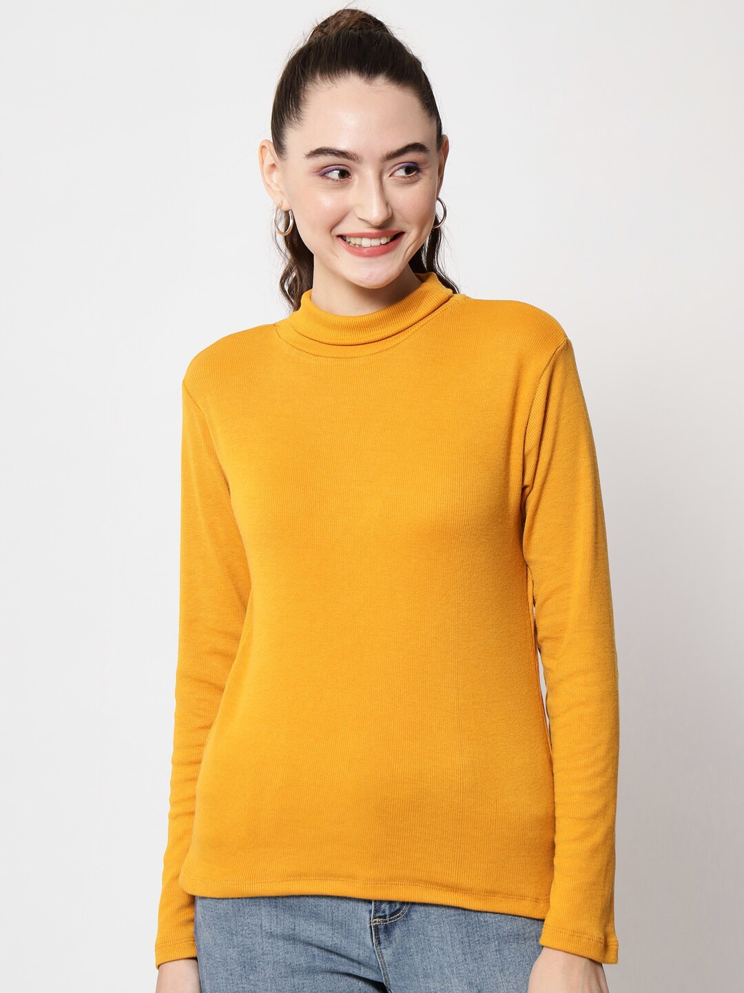 

Kushi Flyer Women Mustard Yellow Solid High Neck Ribbed Top
